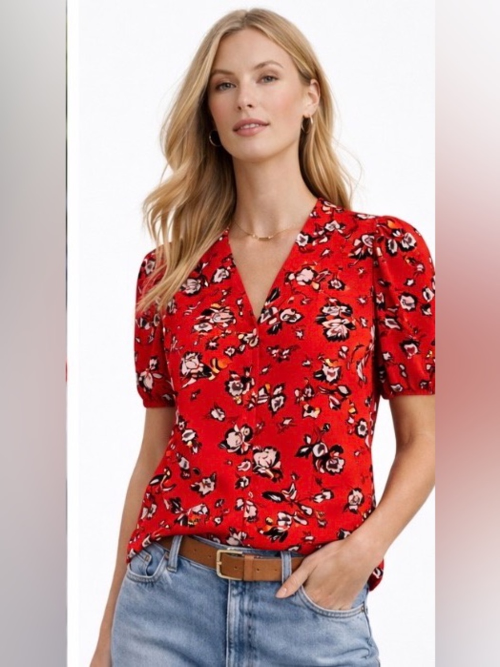 Veronica Veronica Beard Silk Floral Blouse Red Puff Sleeve Top Size 6